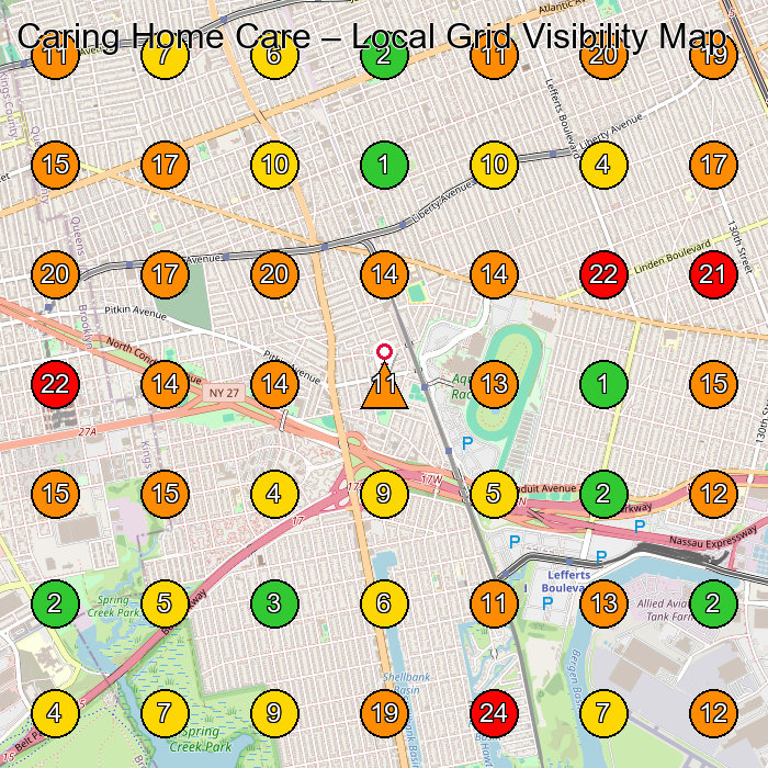 Caring Home Care Home Health Care Service GeoGrid ranking map for Ozone Park NY